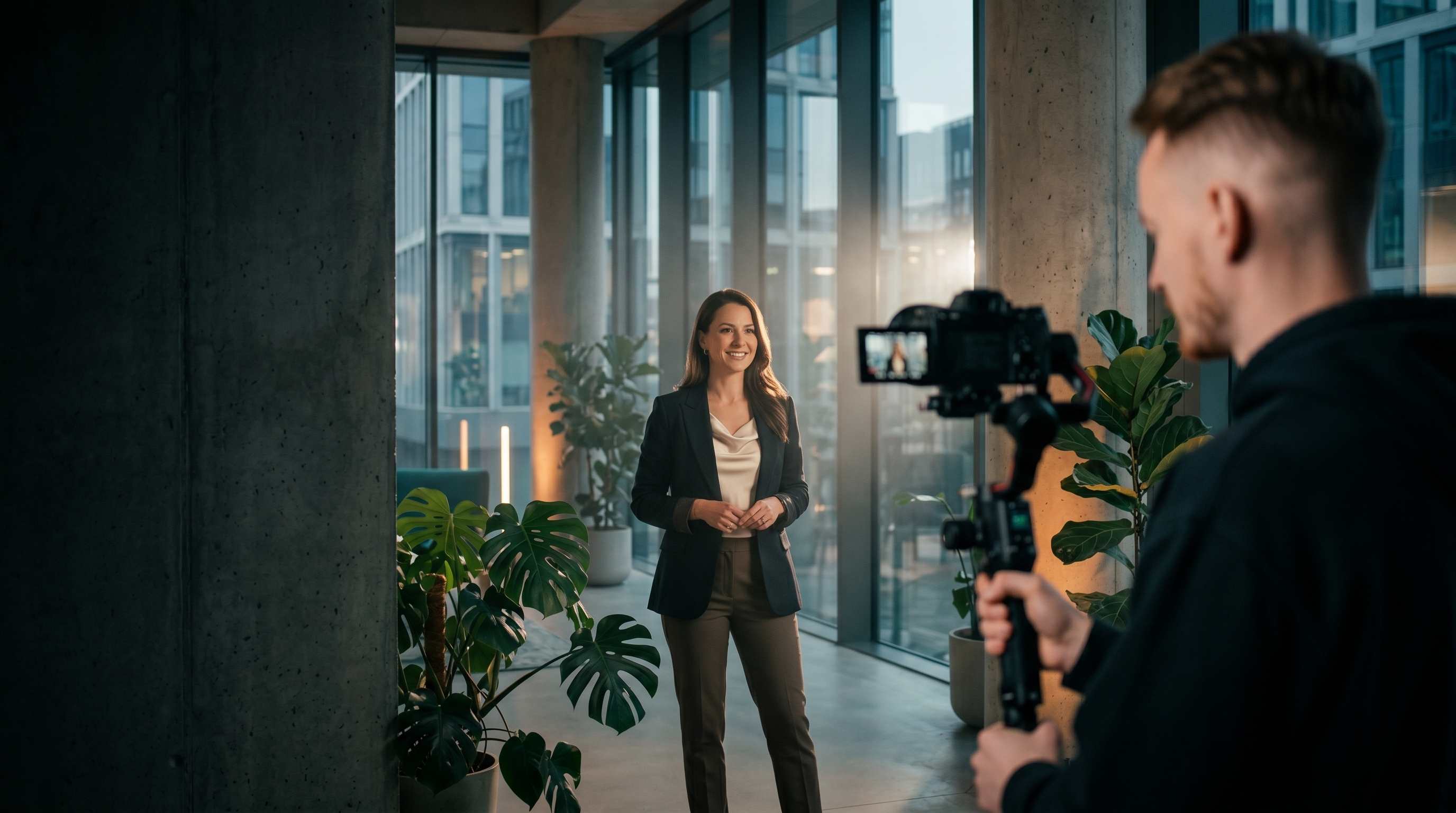 KI-Videoproduktion in Erlangen: Videodreh mit Kamera in modernem Büro
